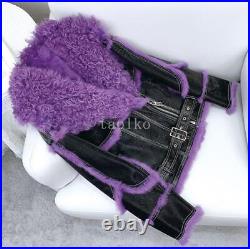 Winter Womens Real Rabbit Fur Lined Lamb Fur Collar Motorcycle Short Coat Jacket