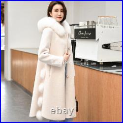 Winter Womens Real Shearling Wool Hooded Mid Long Coat Single Breasted Fur Parka