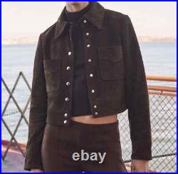 Women 100% Suede Leather Brown SEXY Cropped Jacket Short Casual Coat Blouson Top