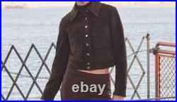 Women 100% Suede Leather Brown SEXY Cropped Jacket Short Casual Coat Blouson Top