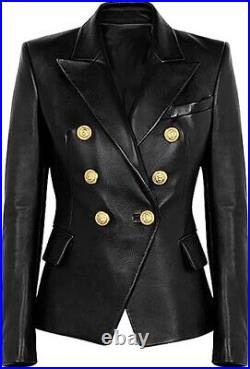 Women Black Leather Blazer Jacket with Polyester Lining3XL Professional Coat