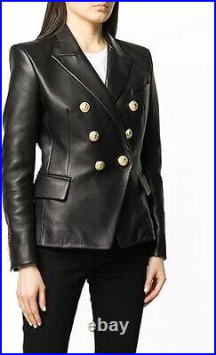 Women Black Leather Blazer Jacket with Polyester Lining3XL Professional Coat