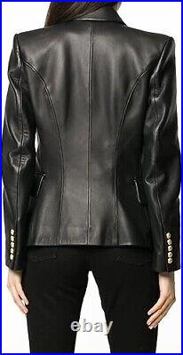 Women Black Leather Blazer Jacket with Polyester Lining3XL Professional Coat