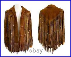 Women Brown Western jacket Style Suede Leather Jacket Long Fringes With Beads