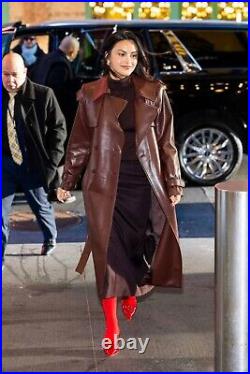 Women Burgundy Leather Coat Jacket Long Trench Overcoat