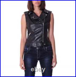 Women Button Western Classic Waistcoat Lambskin Vest Jacket Coat Black Leather