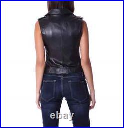 Women Button Western Classic Waistcoat Lambskin Vest Jacket Coat Black Leather