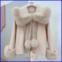 Women Cape Real Fox Fur Collar Short 100% Wool Coat Jacket Outwear Winter Autumn