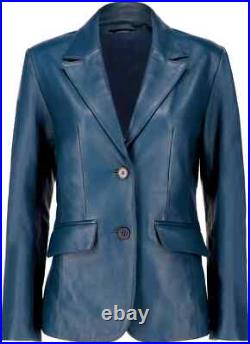 Women Classic Two Button Blazer 100% Genuine Leather Blue Lamb Skin Coat Jacket