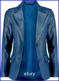 Women Classic Two Button Blazer 100% Genuine Leather Blue Lamb Skin Coat Jacket