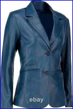 Women Classic Two Button Blazer 100% Genuine Leather Blue Lamb Skin Coat Jacket