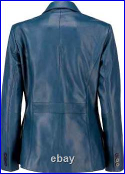 Women Classic Two Button Blazer 100% Genuine Leather Blue Lamb Skin Coat Jacket