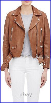 Women HOT Belted Authentic Sheepskin 100% Leather Jacket Party Wear Fashion Coat
