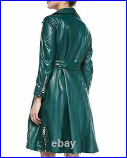 Women Knee length Trench Coat Jacket Green Lambskin Leather Party Designer 31