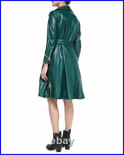 Women Knee length Trench Coat Jacket Green Lambskin Leather Party Designer 31