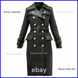 Women Leather Trench Coat Double Breasted Leather Dress Quilted Steam Punk Dress