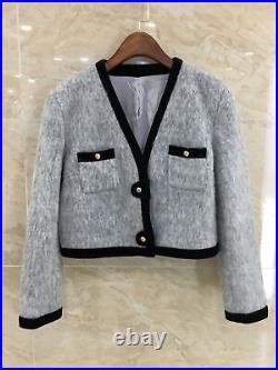 Women Long Sleeve V Neck Cropped Short Coat Jacket Woolen Blend Button Spring sz