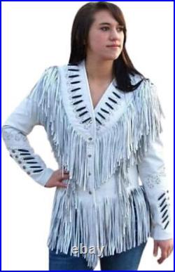 Women Native American Western Cowgirl Real Leather Fringe & Bead Fashion Jacket