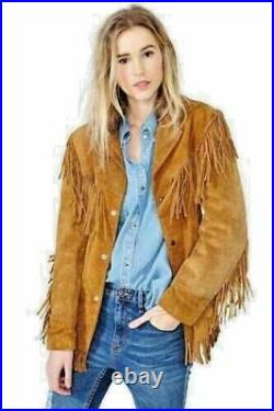 Women Native American Western Leather Jacket Suede Leather Fringe & Snap Closure