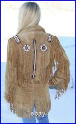Women Native American Western Suede Leather Coat With Fringes and Beads