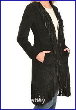 Women New Western Wear Real Suede Leather Jacket coat with Fringes All Sizes