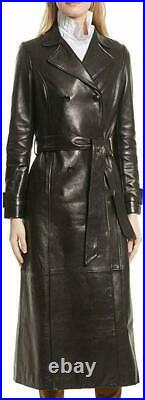 Women Pure Genuine Leather Soft Lambskin Long Overcoat Trench Coat Belted Jacket