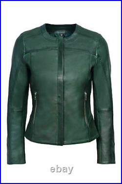 Women Round Neck Green Jacket 100% Lambskin Soft Leather Biker Jacket Moto Coat