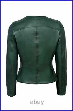 Women Round Neck Green Jacket 100% Lambskin Soft Leather Biker Jacket Moto Coat