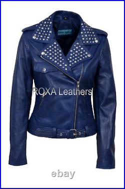 Women Silver Studded Genuine Lambskin Real Leather Jacket Belted Blue Style Coat