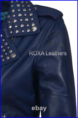 Women Silver Studded Genuine Lambskin Real Leather Jacket Belted Blue Style Coat
