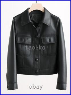 Women Single Breasted Real Leather Short Coat Motorcycle Jacket Lapel Collar 2XL