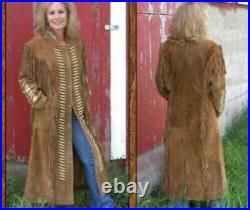 Women Suede Western Style Leather Long Duster Coat With Fringe Tan Brown