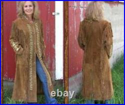 Women Tan Brown Suede Western Style Leather Coat With Fringe Long Coat