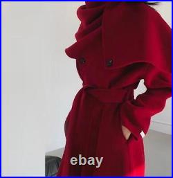 Women Trench Coat Shawl Scarf Collar Double Breasted Solid Color Woolen Overcoat