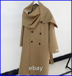 Women Trench Coat Shawl Scarf Collar Double Breasted Solid Color Woolen Overcoat
