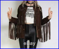 Women Vintage Brown Suede Leather Jacket Ladies Native Fringe 80's Style Coat