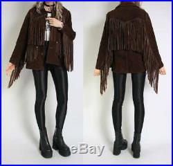 Women Vintage Brown Suede Leather Jacket Ladies Native Fringe 80's Style Coat