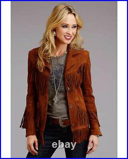 Women Vintage Brown Suede Leather Jacket Ladies Native Fringe Western Wear Coat