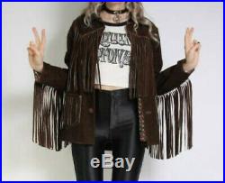 Women Vintage Brown Suede Leather Jacket Ladies Native Fringe Western Wear Coat