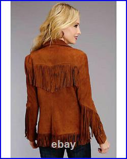 Women Vintage Brown Suede Leather Jacket Ladies Native Fringe Western Wear Coat