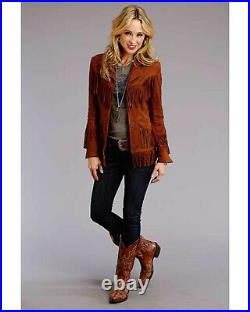 Women Vintage Brown Suede Leather Jacket Ladies Native Fringe Western Wear Coat