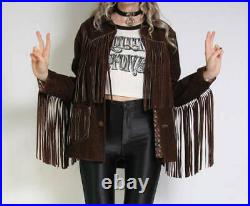 Women Vintage Brown Suede Leather Jacket Ladies Native Fringe Western Wear Coat