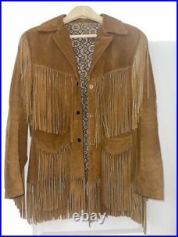 Women Vintage Leather Fringe Jacket Size Small Brown Coat Ladies Western 1970s
