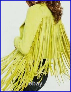 Women Vintage Yellowish Suede Leather Jacket Ladies Native Fringe Western Coat
