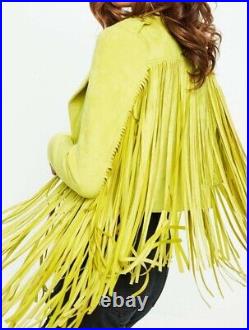 Women Vintage Yellowish Suede Leather Jacket Ladies Native Fringe Western Coat