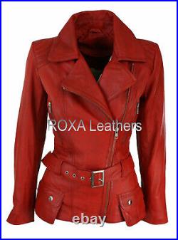 Women Waist Belted Authentic Lambskin Pure Leather Jacket Racer Red Western Coat