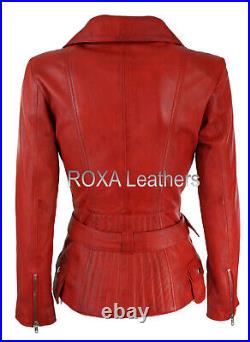 Women Waist Belted Authentic Lambskin Pure Leather Jacket Racer Red Western Coat