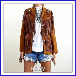 Women Western Coat Suede Leather Wear Cow-Lady Fringe Bones Beads Ladies Jacket