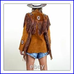 Women Western Coat Suede Leather Wear Cow-Lady Fringe Bones Beads Ladies Jacket