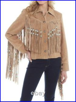 Women Western Cowboy Suede Fringe Jacket Native American Leather Bone Beads Coat Women Western Cowboy Suede Fringe Jacket Native American Leather Bone Beads Coat